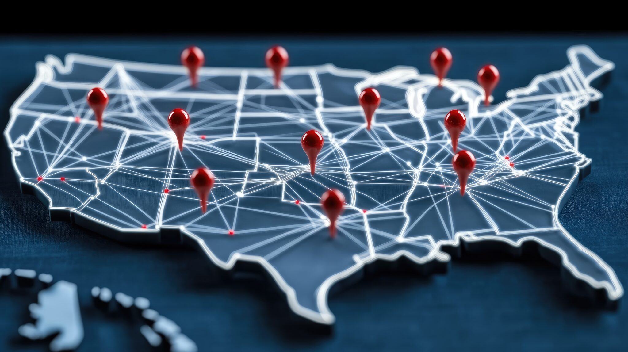 Red pins highlight selected locations on a blue map of the USA, illustrating travel planning and destination choices across the country Red pins highlight selected locations on a blue map of the USA, illustrating travel planning and destination choices across the country.